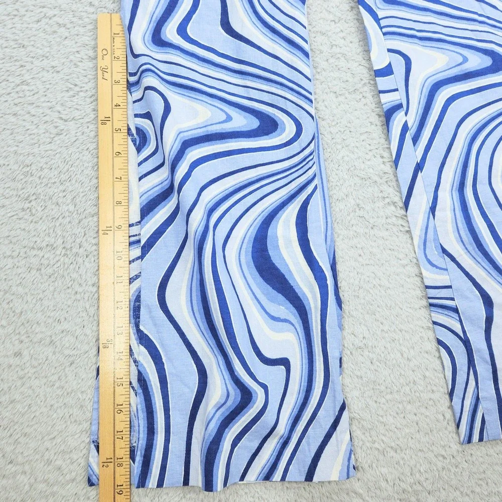 ZARA Womens Linen Blend Pants Sz S Split Hem Blue White Swirl Print Retro Wide